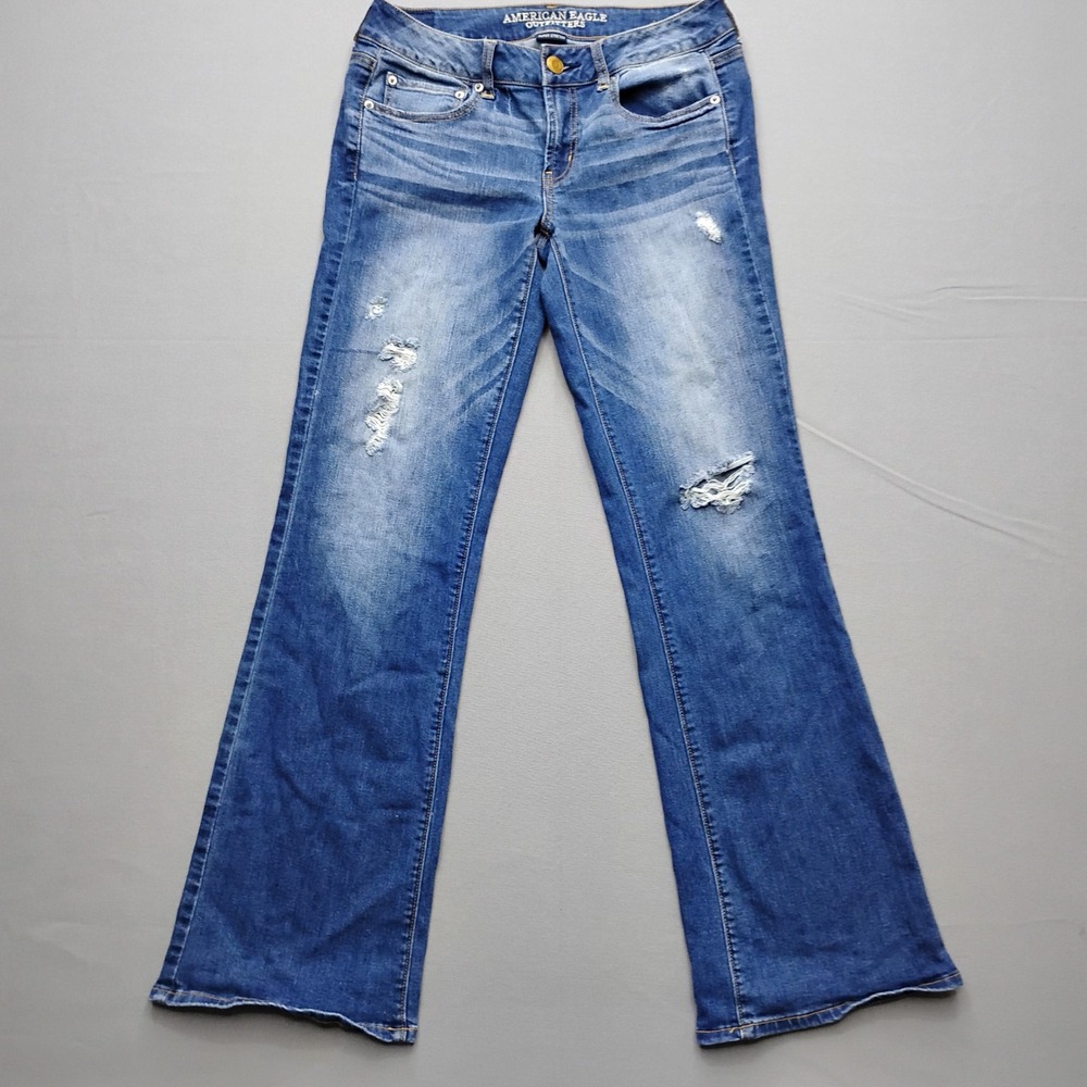 American Eagle Favorite Boyfriend Jeans Blue Distressed Women Size 8 Long